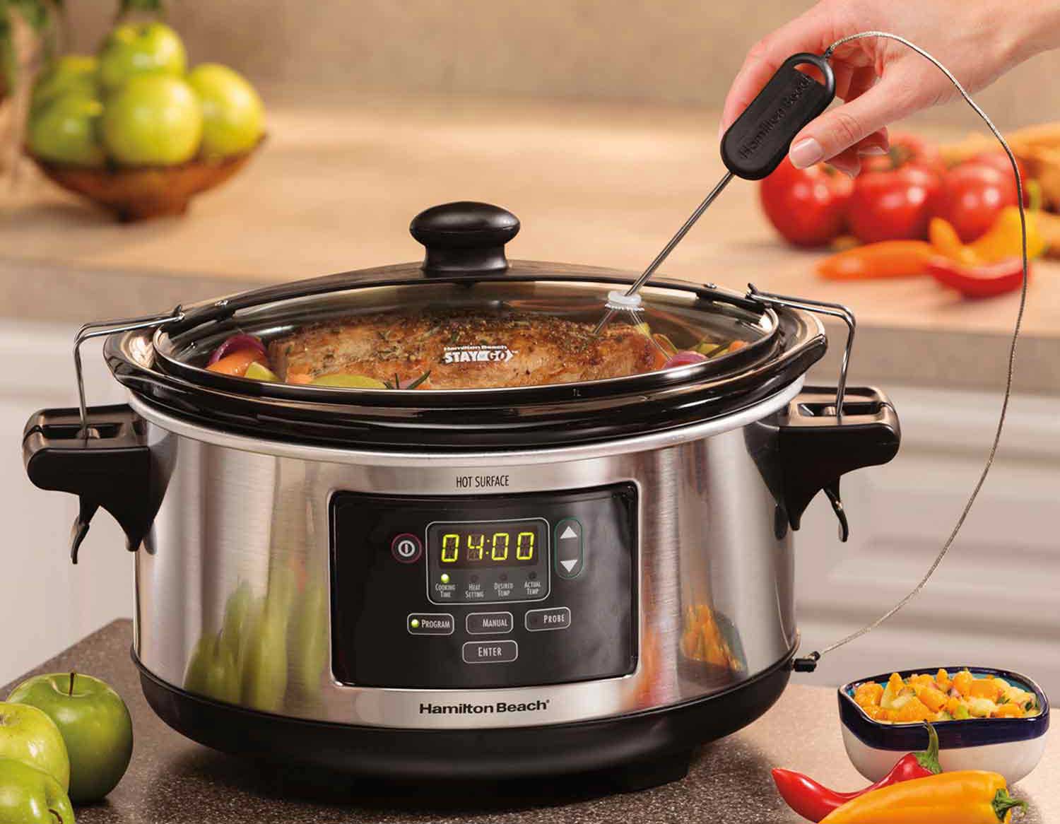 slow cooker with temperature probe on a counter