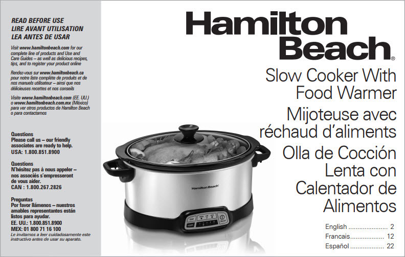 Example of Hamilton Beach slow cooker Use & Care instructions.