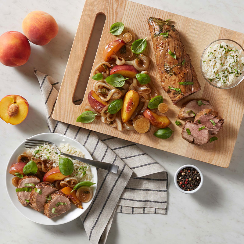 Marinated Pork Tenderloin with Peaches, Onions, and Basil Recipe for Marinated Pork Tenderloin with Peaches, Onions, and Basil