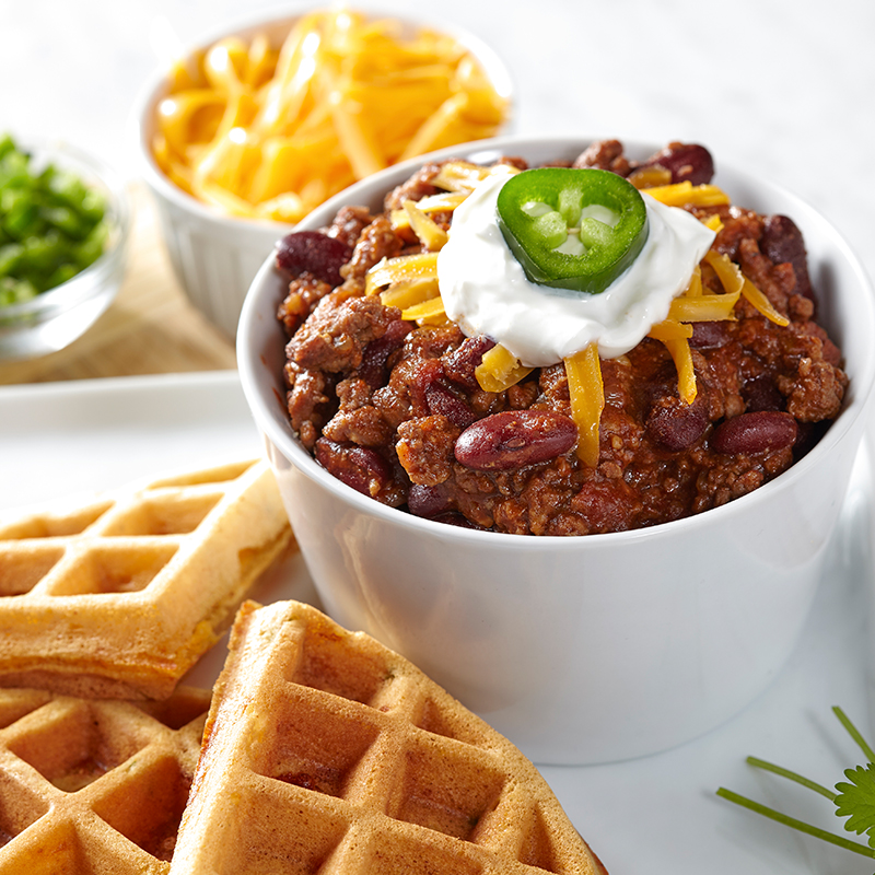 Savory Cornbread Waffle with Chili Recipe for Savory Cornbread Waffle with Chili