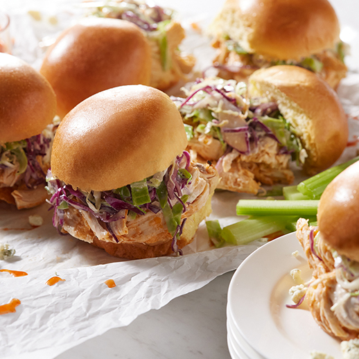 Slow Cooker Buffalo Chicken Sliders with Blue Cheese Slaw Recipe for Slow Cooker Buffalo Chicken Sliders with Blue Cheese Slaw
