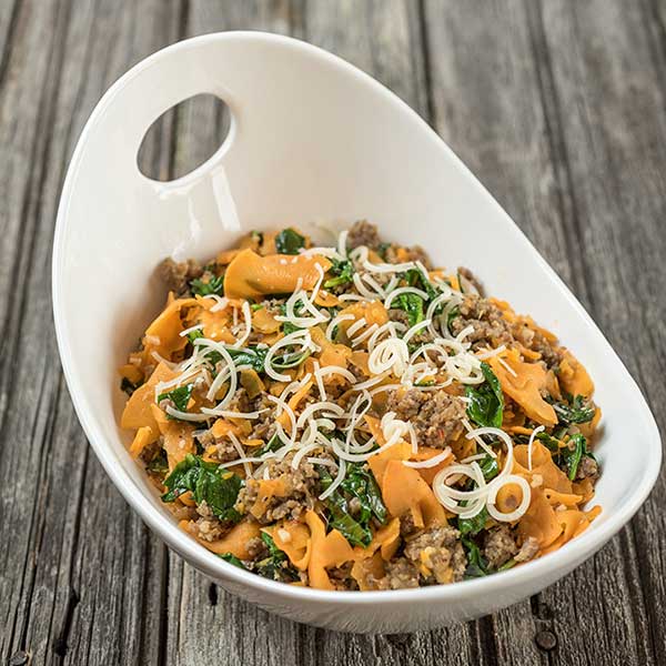 Spiralizer Sweet Potato, Sausage and Spinach Parmesan Recipe for Spiralizer Sweet Potato, Sausage and Spinach Parmesan