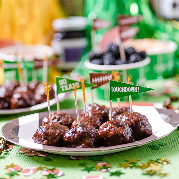 football-themed meatballs with team toothpicks