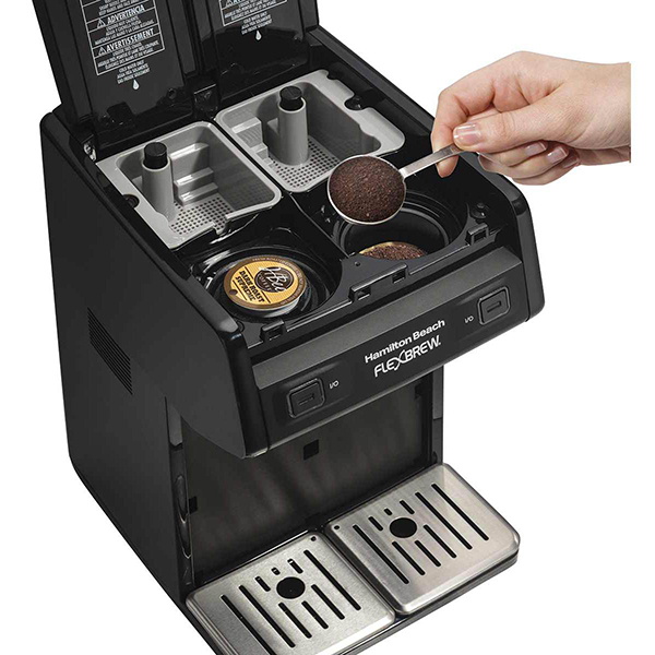 open FlexBrew coffee maker with a K-cup and ground coffee