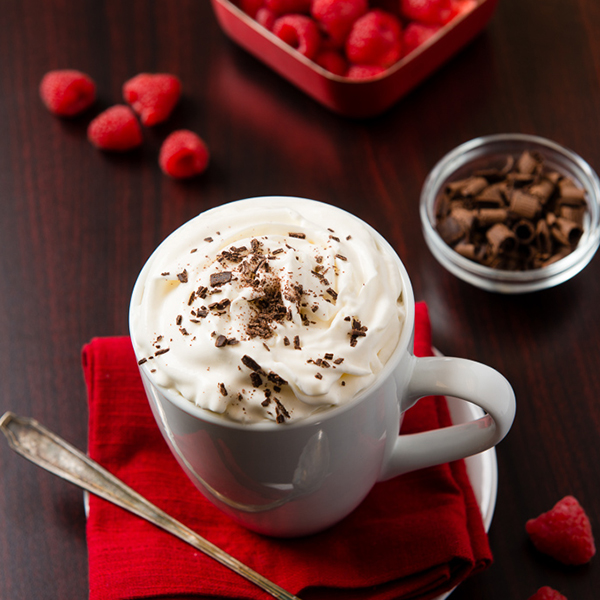 raspberry truffle coffee in a white cup