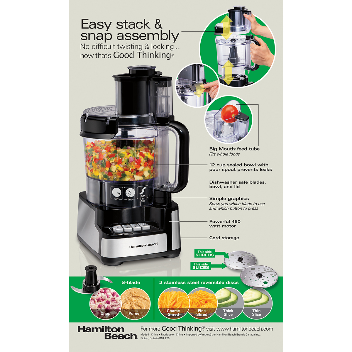 Hamilton Beach 12 Cup Stack & Snap™ Food Processor, Black and Stainless