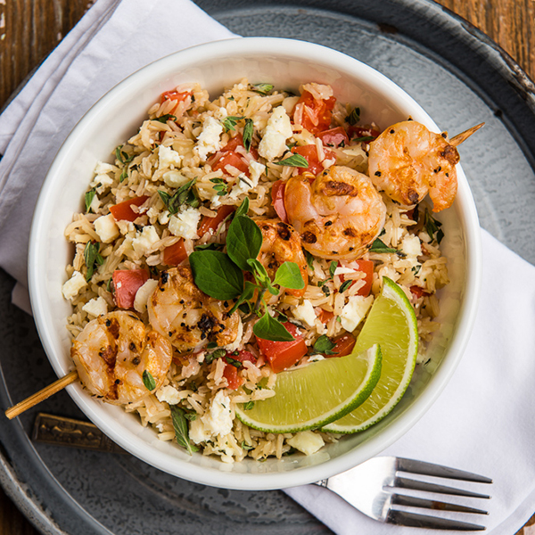 Grilled Shrimp With Herbed Feta Cheese and Brown Basmati Rice