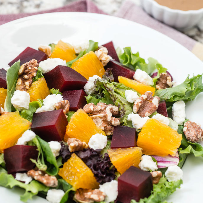 Roasted Beet Salad with Goat Cheese and Balsamic Dressing