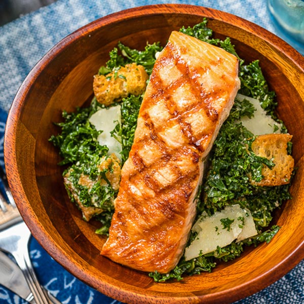 Kale Caesar Salad with Grilled Salmon