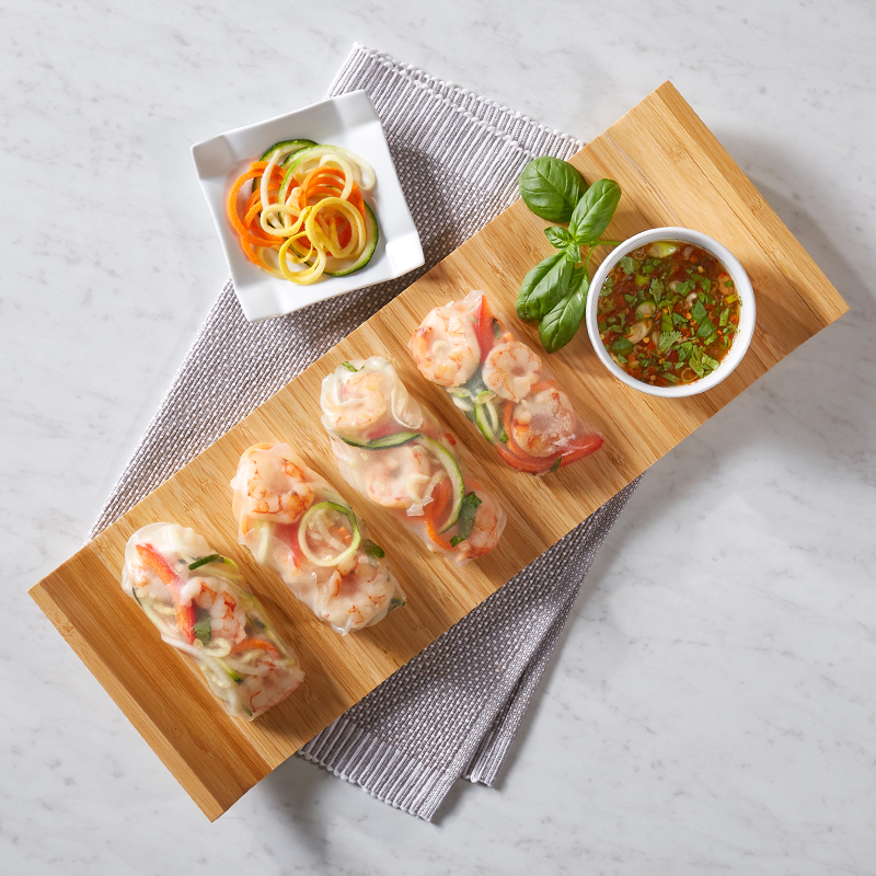 Spiralized Vegetable Spring Rolls with Shrimp and Spicy Thai Style Sauce